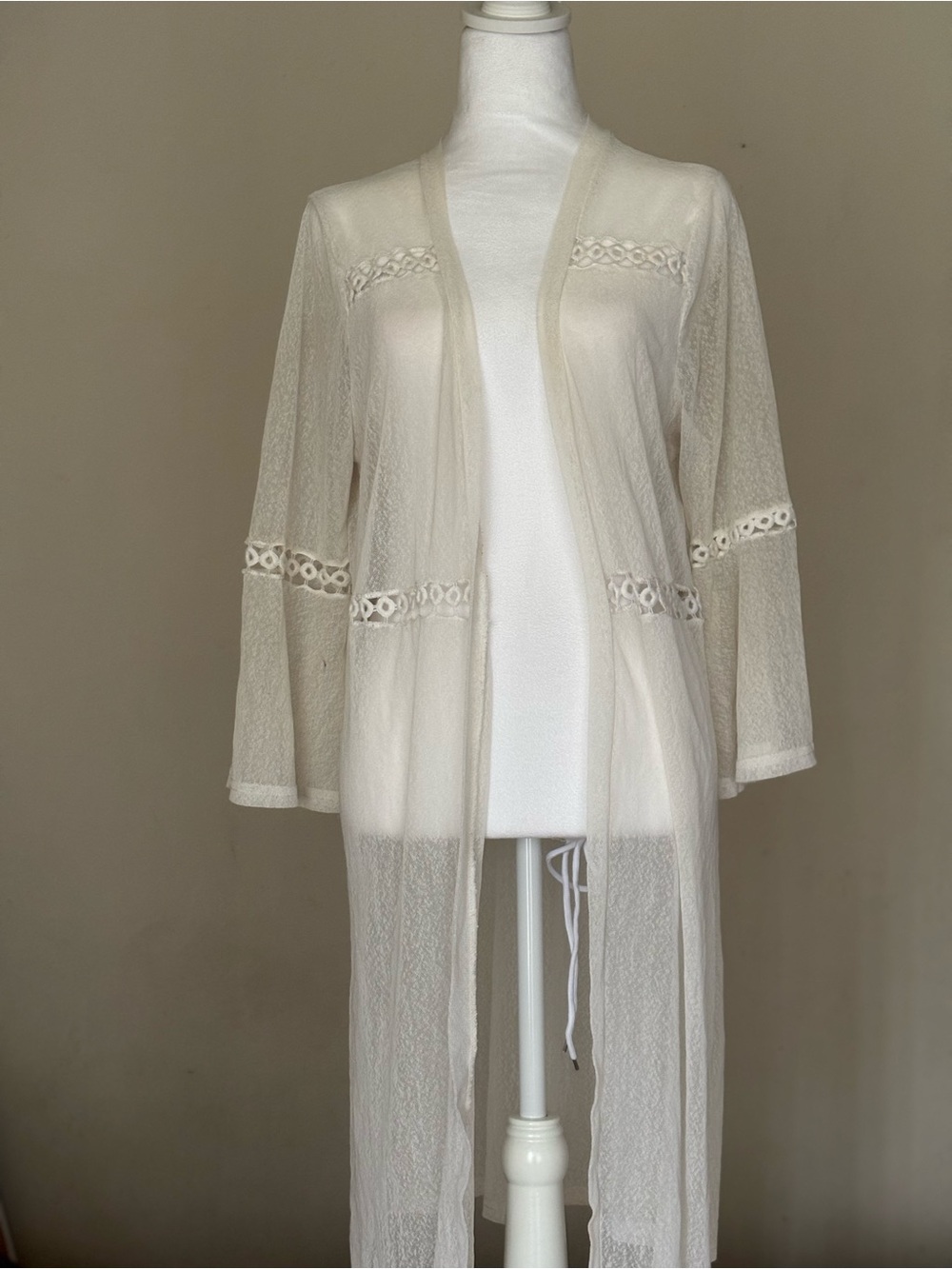 Sheer Ivory Lace-Trim Long Kimono